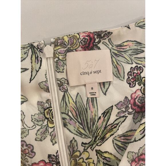 Cinq A Sept Walker Floral Midi Dress 8 Asymmetrical v-neck short sleeves Ivory - Picture 10 of 13